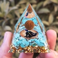 Crystal energy pyramid featuring turquoise stones and chakra yoga flower of life pattern - Tiger Eye Turquoise Flower of Life / Small