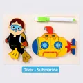 3D wooden cartoon diver and submarine puzzle toy set with green marker pen - Submarine 2-in-1