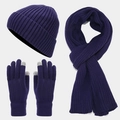 Detalle del conjunto de gorro, bufanda y guantes táctiles de punto en color púrpura - Azul marino