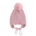 Detail of pink cable knit pattern and large faux fur pompom on baby winter earflap hat - One Size / Pink