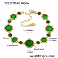 Detailed view of gold stainless steel bracelet with green Czech glass stones and sizing info - Gold Green Glass Stone