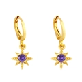 Golden starburst huggie earrings with purple zircon center on a clean white background - Purple