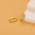 Golden rectangular hoop earrings with center green gemstone and white zircon stones - Green