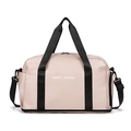 Pink waterproof travel bag with black handles and Happy Travel print on white background - Expandable Version / Rose Gold