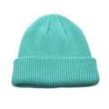 Detail view of mint green ribbed knit beanie showing thick wool texture and folded cuff - Lake Blue