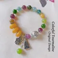 Colorful tourmaline bead bracelet with silver Fu pendant and elegant metal tassels - Colored Imitation Tourmaline: Fortune Comes from the East
