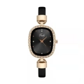 Detail of elegant black oval watch face with gold rhinestone casing on slim strap - Black (Watch Only)