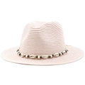 Pink bohemian straw fedora hat with ethnic shell and bead band for sun protection - Pink
