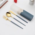 Portable blue and gold stainless steel cutlery set with a travel storage box - Type E Blue+Gold