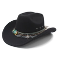 Black western cowboy hat with colorful braided band, fringe, and vintage coin pendant - M (56-58cm) / Black