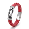 Men's red braided leather bracelet with silver knot detail and magnetic clasp - Red Leather