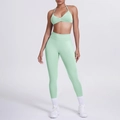 Dettaglio dei leggings a vita alta senza cuciture verde menta e reggiseno sportivo - Verde Palma