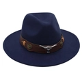 Detail of navy fedora hat featuring brown leather band and silver bull skull ornament - One Size(Adjustable) / Navy Blue
