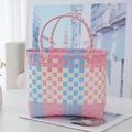 Pink and blue checkered woven picnic tote bag with durable dual handles for outdoor travel - Plain Plaid / Pink Blue Patchwork Plaid