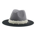 Detail of grey and black felt fedora featuring elegant white pearl bead decorations - M(56-58cm) / Grey and Black