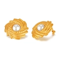 Vintage-style gold-plated stainless steel stud earrings featuring elegant white pearls - Woven Vintage Pearl Style (GE908)