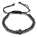 Adjustable black bead bracelet with textured metal beads and cross pendant on white background - Black