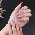 Detail of long coffin press-on nails featuring pink gradient and black butterfly patterns - CBLCY-K07 Pink Gradient Black Butterfly