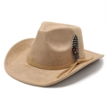 Faux suede western cowboy hat in khaki with wide brim and decorative feather accent - M (56-59cm) / Camel