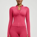 Slim fit rose pink yoga track jacket and leggings set with thumb holes for women - S / Raspberry Red