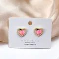 Pink peach heart stud earrings with white pearl border on S925 silver needles - Pink Peach Stud Earrings (8#) / Pink White