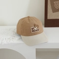 Detail of VC BEAR embroidery and contrast stitching on cotton kids baseball cap - VC Bear / Tan & Rice White