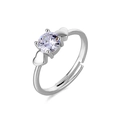 Anello aperto minimalista in argento con zircone rotondo e dettagli a cuore - Stile Doppio Cuore / Zirconia Bianca