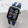 Smart watch with white square case and blue white striped nylon woven strap - Blue White Patchwork