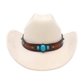 Chapeau de cowboy blanc à large bord avec bande en cuir marron et pierres de turquoise - Taille unique / Beige