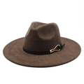 Klassischer dunkelbrauner Fedora-Hut mit breiter Krempe und schwarzem Lederband mit Schnalle - M (56-59cm) / Kaffee Wildleder