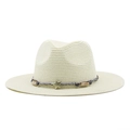 Beige straw fedora sun hat with flat brim and star bead decoration for women - M (56-58cm) / Milk White