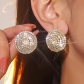 Elegant gold drop earrings with shimmering white crystals and a geometric cutout design - Gold Round Rhinestone Style (DTE1216258GL)