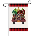 Detail of Christmas garden flag featuring festive gnomes and a vintage red truck on burlap - Style 3