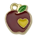 Golden enamel red apple charm with green leaf and yellow heart for DIY jewelry - Apple 11x9mm