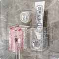 Pink wave texture toothbrush cup set with suction mount and bow detail - 1 Cup (Pink) + Bow + Dispenser
