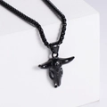 Gothic black bull skull pendant necklace in stainless steel on a white geometric stand - Black (No Chain)