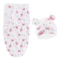 White newborn swaddle sleep sack and hat set with pink bear and green tree patterns - Pink Bear Swaddle + Hat Set