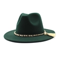 Close-up of gold chain with pearls and tassel detail on dark green wool fedora hat - M (56-58cm) / Dark Green