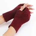 Deep red knit fingerless gloves for women with ribbed texture and thumb hole design - Burgundy