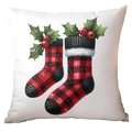 Housse de coussin Noël avec chaussettes à carreaux buffalo et motif houx pour la maison - 45*45cm Peluche Courte Simple Face Sans Coeur / CRD16-7 (Chaussette de Noël à Carreaux)