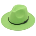 Detailed view of neon green fedora hat with black leather strap and metal buckle - M(56-58cm) / Fruit Green