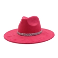 Close-up of rose red suede fedora hat with sparkling silver rhinestone band detail - 58 / Rose Red
