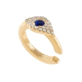 Golden Evil Eye ear cuff with deep blue zircon and white diamonds on white background - Evil Eye Ear Cuff-EH00676