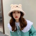Beige plush teddy bear bucket hat with cute 3D ears and embroidery for women - Bear Nose Bucket Hat - Beige