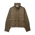 Giacca bomber da donna in finta pelle scamosciata marrone oliva con collo alto e tasche - XS / Marrone