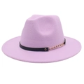 Lavender fedora wool hat with wide brim, black leather band and gold chain detail - M (56-58cm) / Taro Purple