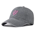 Detailed view of pink heart embroidery with EXO lettering on washed grey cotton baseball cap - Adjustable / Heart Grey