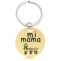 Detail of gold circular pendant engraved with mi mama and family figures on silver keyring - Gold Keychain (Y00037)