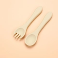 Set cucchiaio e forchetta in silicone per neonati in beige per lo svezzamento - Forchetta e Cucchiaio Lunghi / Bianco Sporco