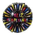Black round foil balloon featuring colorful Feliz Cumpleaños text and star patterns - Round Spanish Birthday Colorful Bloom